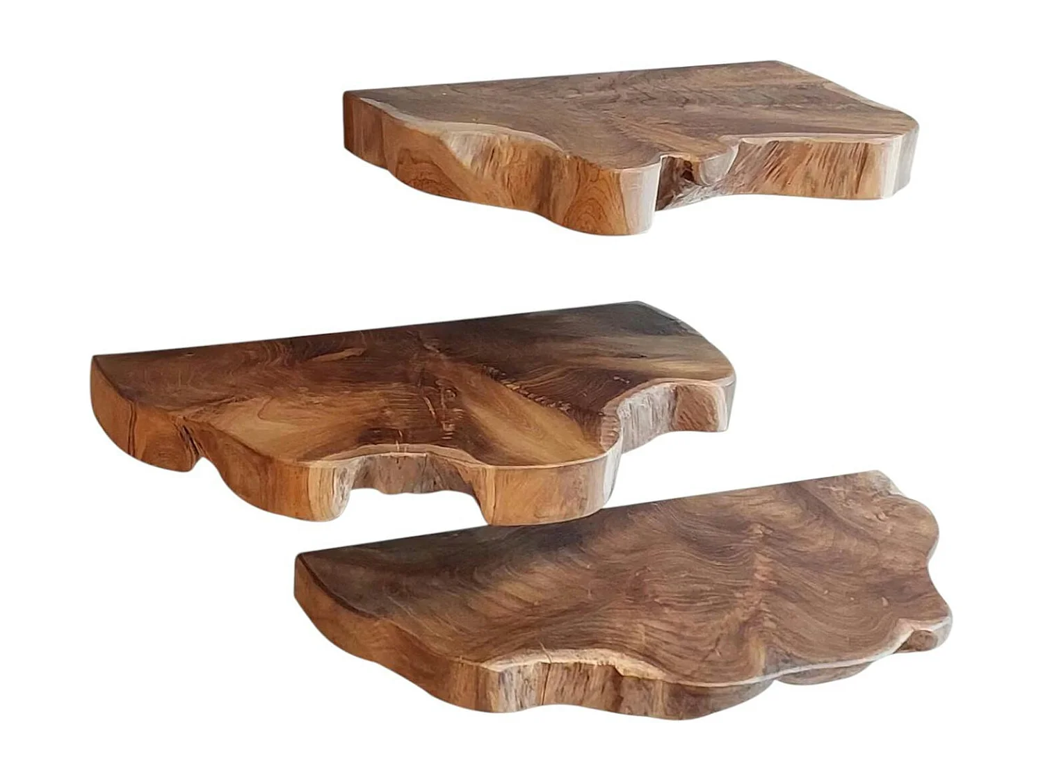 Etagères murales en teck recyclé avec bords naturels (lot de 3)