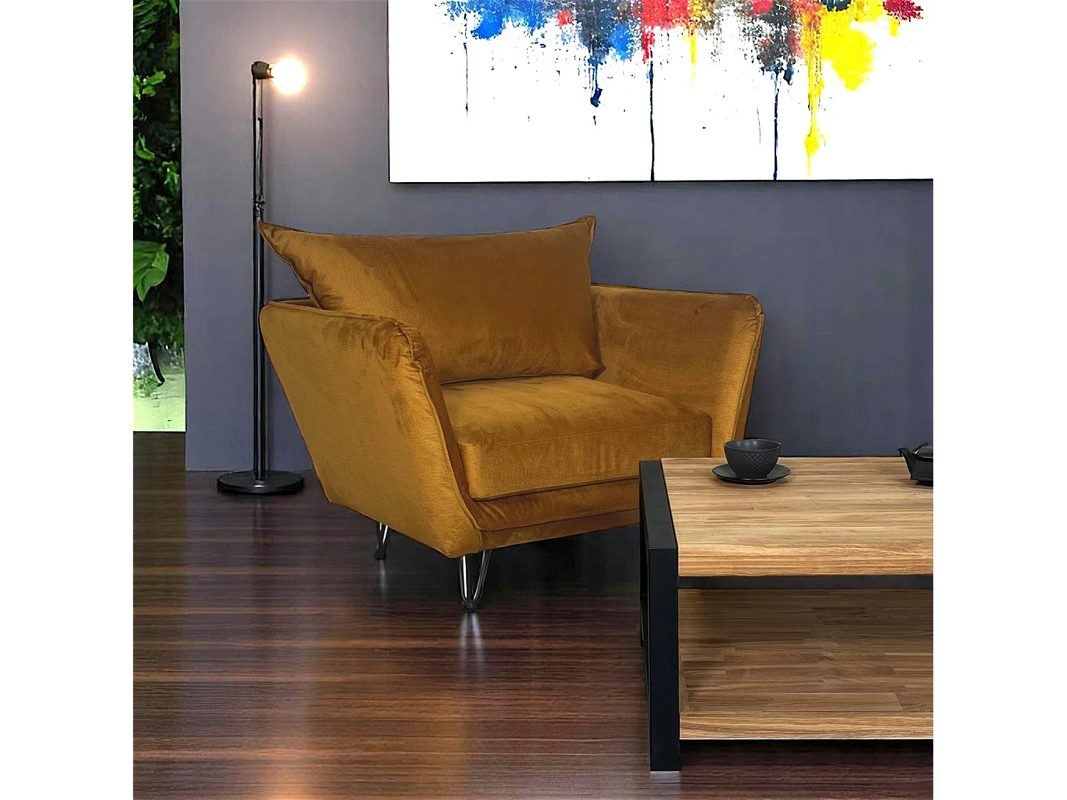 Fauteuil en velours ocre EPIKA