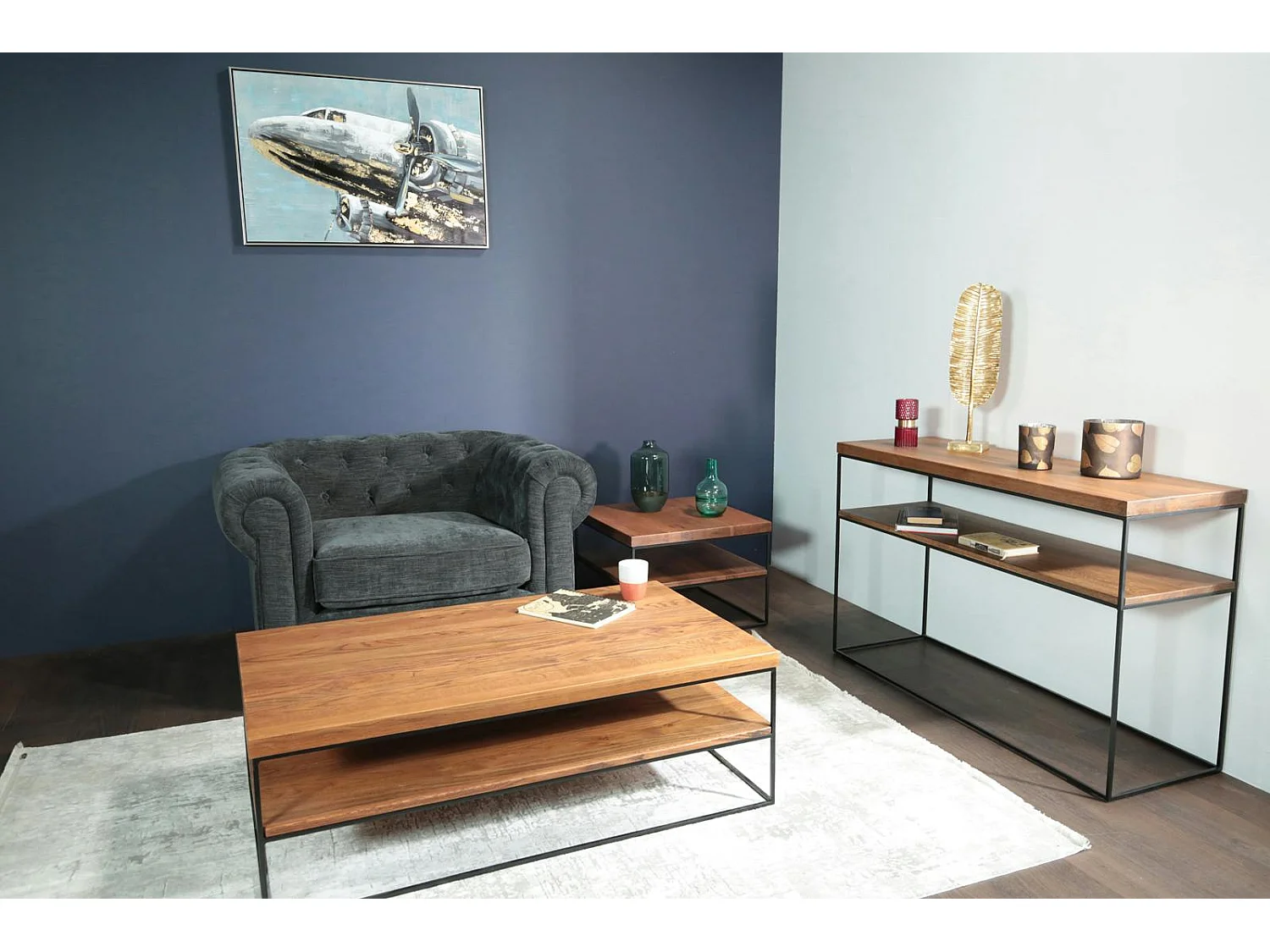 Fauteuil chesterfield en tissu anthracite chiné YORK