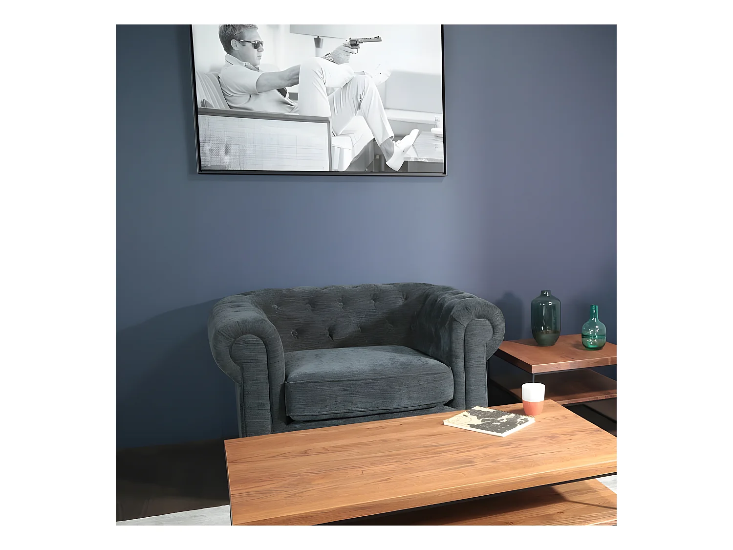 Fauteuil chesterfield en tissu anthracite chiné YORK