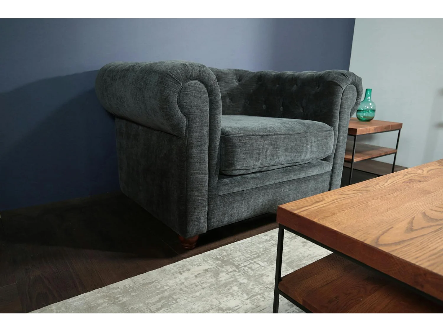 Fauteuil chesterfield en tissu anthracite chiné YORK