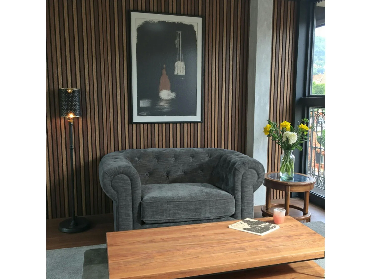 Fauteuil chesterfield en tissu anthracite chiné YORK