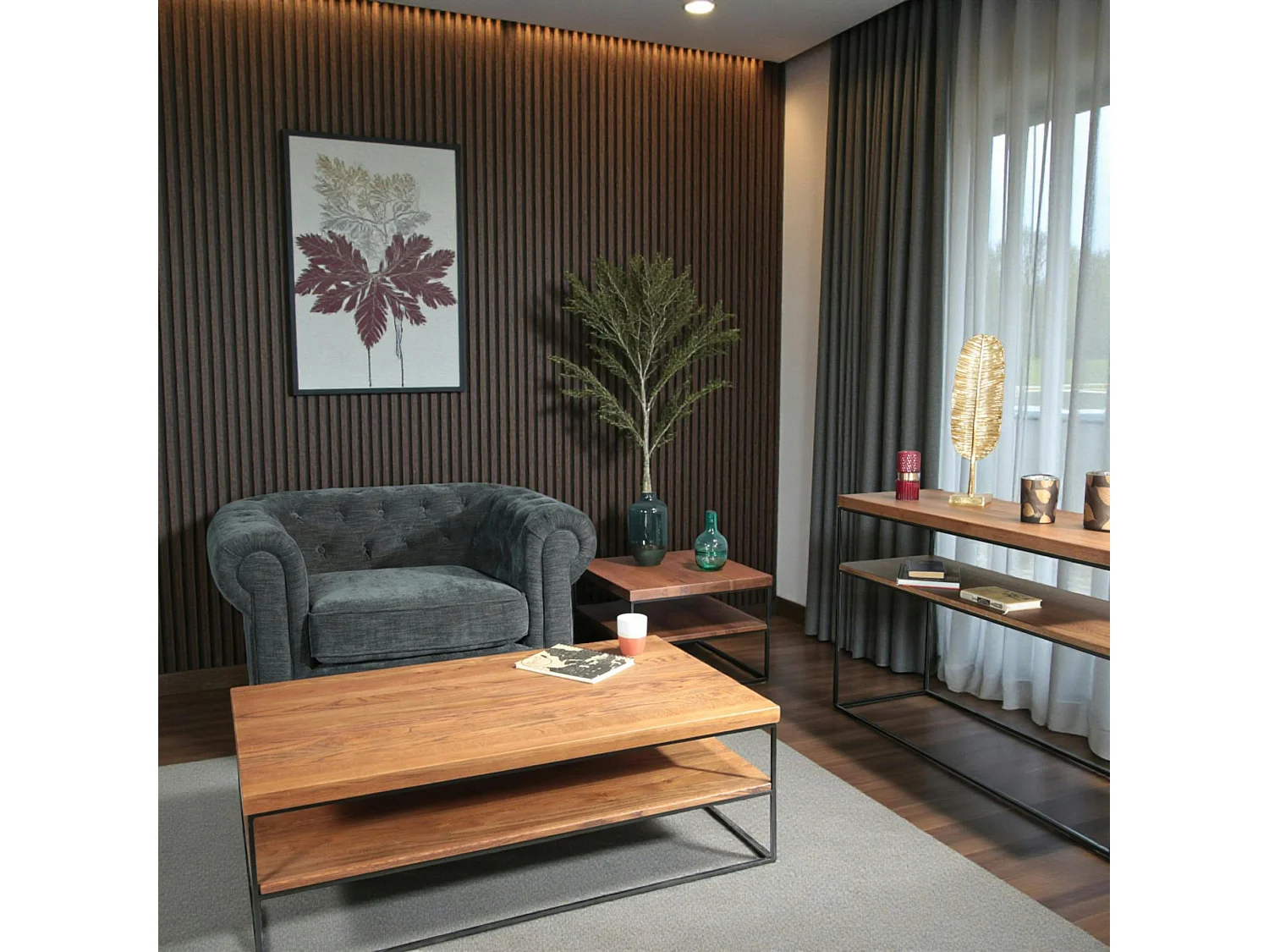 Fauteuil chesterfield en tissu anthracite chiné YORK