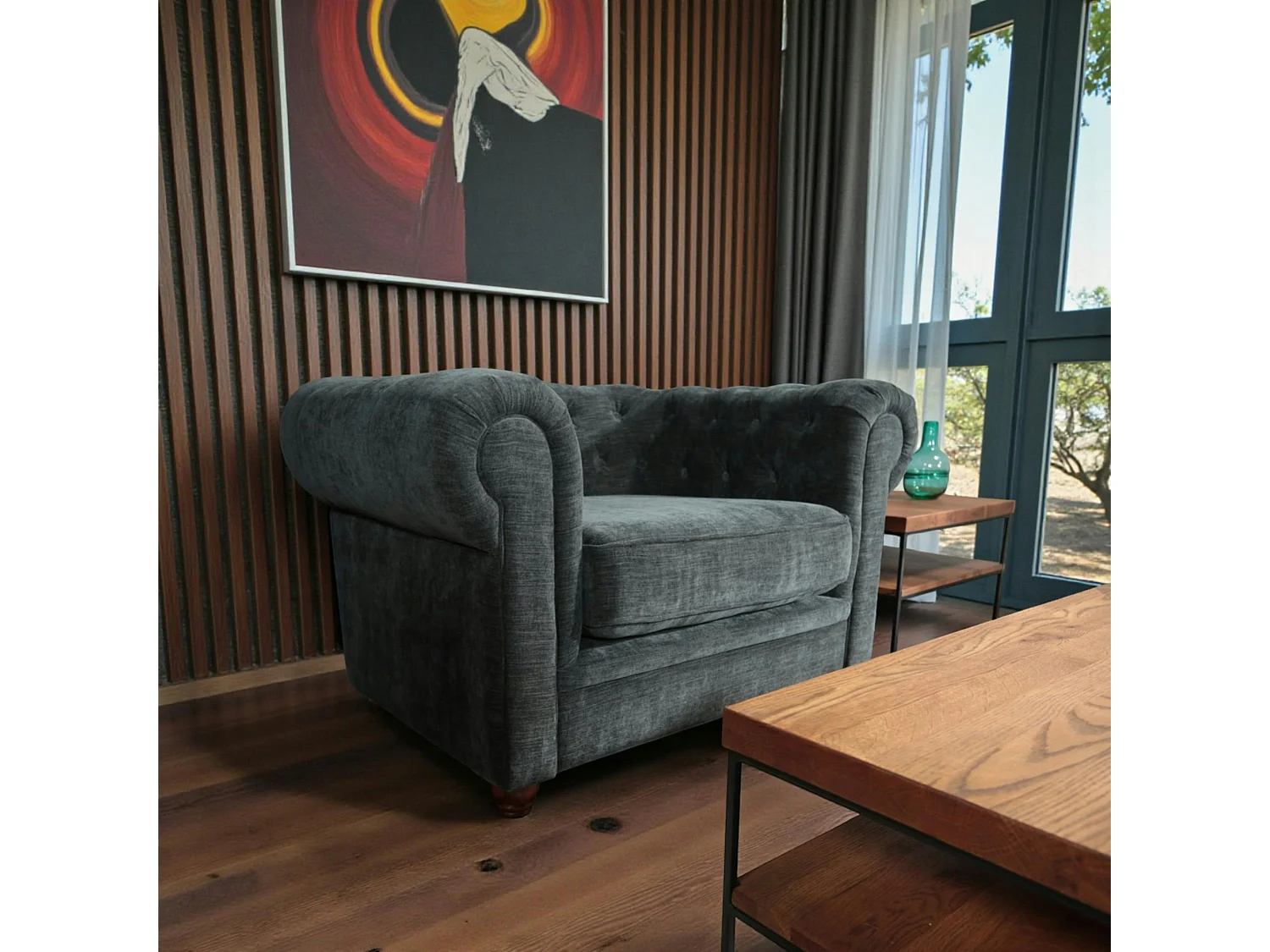 Fauteuil chesterfield en tissu anthracite chiné YORK