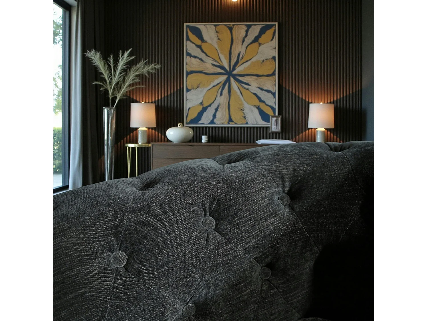 Fauteuil chesterfield en tissu anthracite chiné YORK