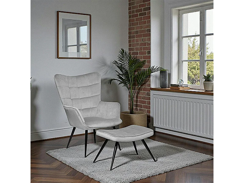 Fauteuil relax en velours gris et son tabouret (2 pièces) GOTEBORG