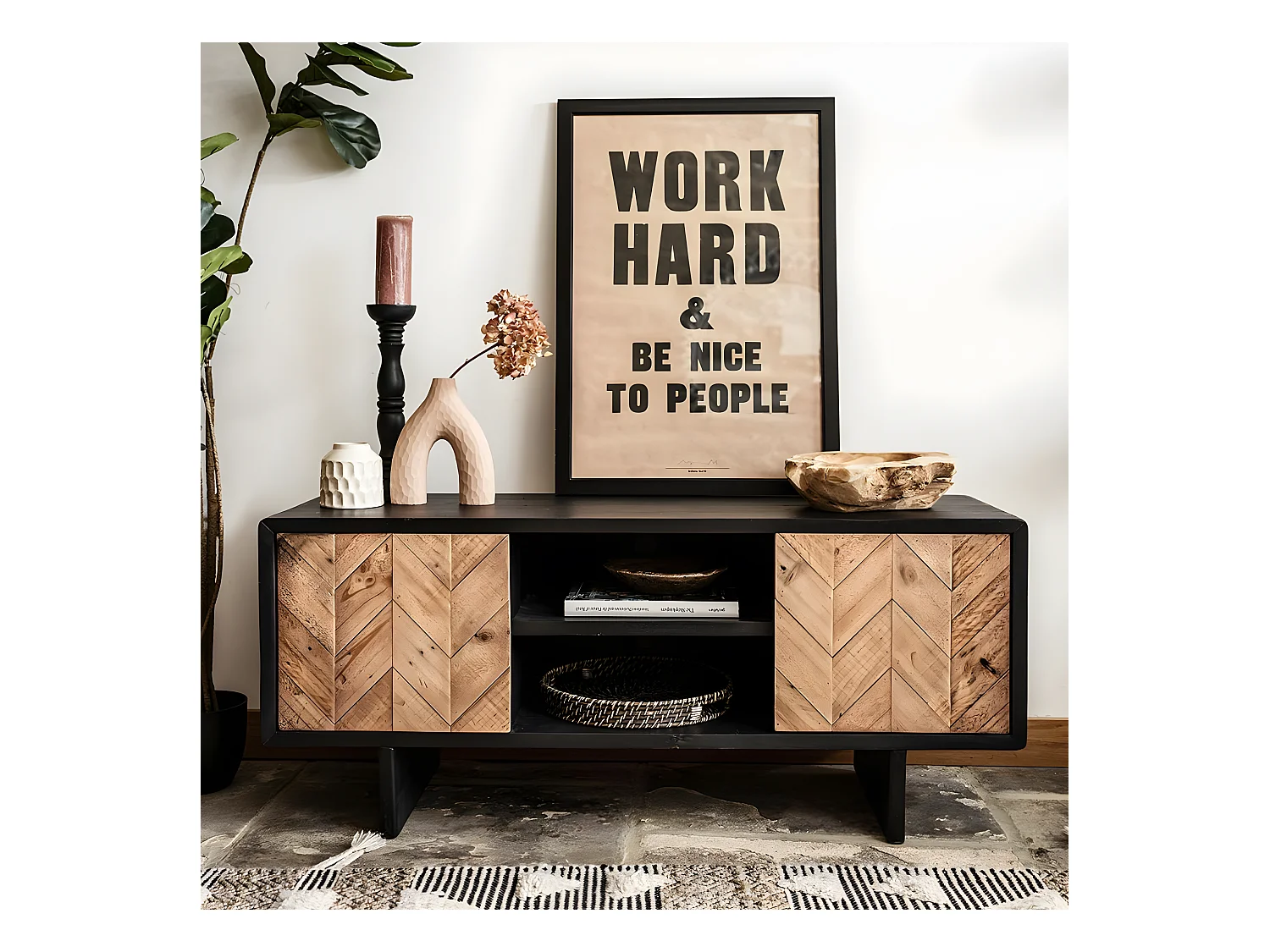 Meuble tv avec rangement en bois recyclé FSC motif chevron FAGA