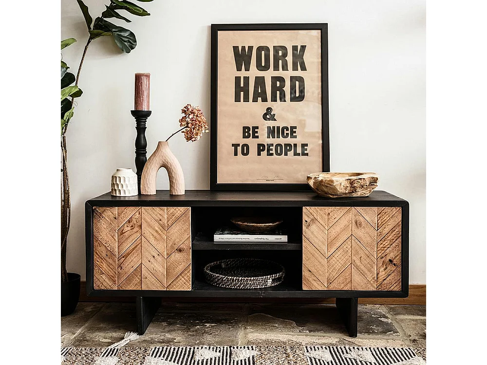 Meuble tv avec rangement en bois recyclé FSC motif chevron FAGA