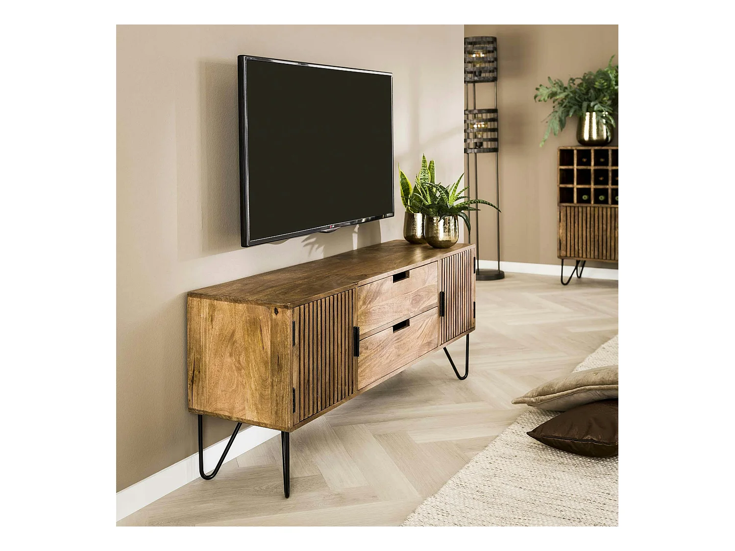 Petit meuble tv en bois de manguier strié DELHI