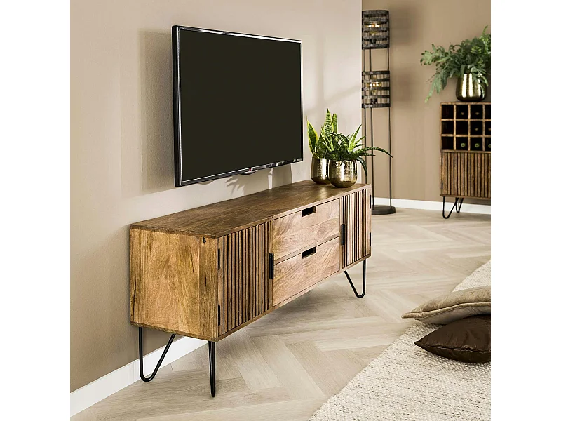 Petit meuble tv en bois de manguier strié DELHI