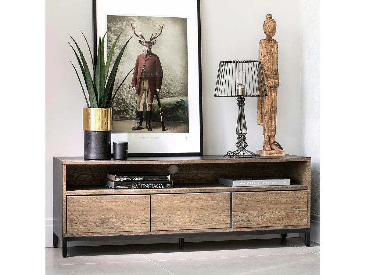 Meuble tv contemporain chêne massif encadrement métal noir HUDSON