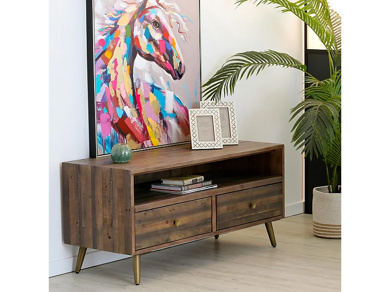 Meuble tv 2 tiroirs bois recyclé piètement effet laiton vieilli ADÉLAÏDE