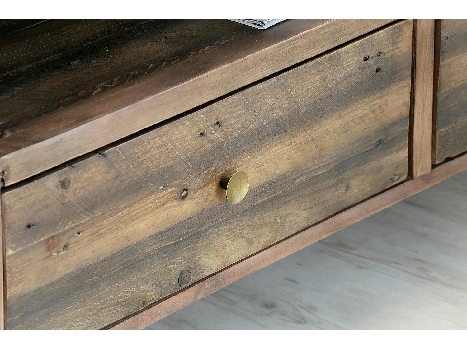 Meuble tv 2 tiroirs bois recyclé piètement effet laiton vieilli ADÉLAÏDE