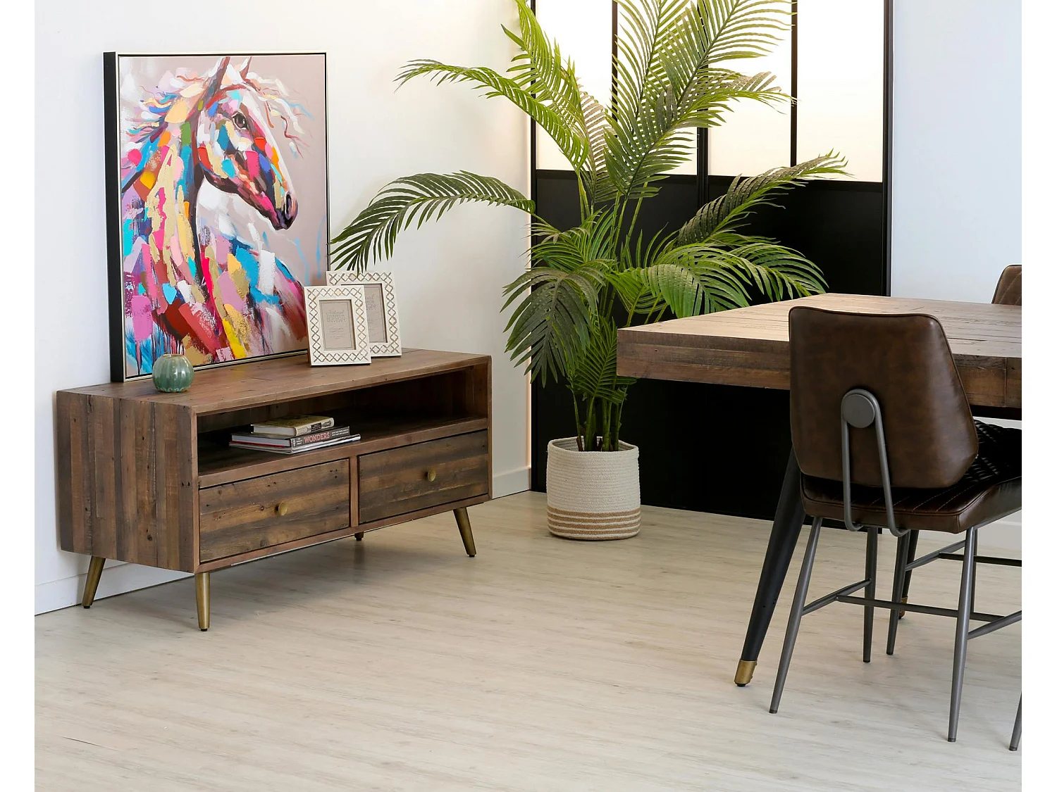 Meuble tv 2 tiroirs bois recyclé piètement effet laiton vieilli ADÉLAÏDE