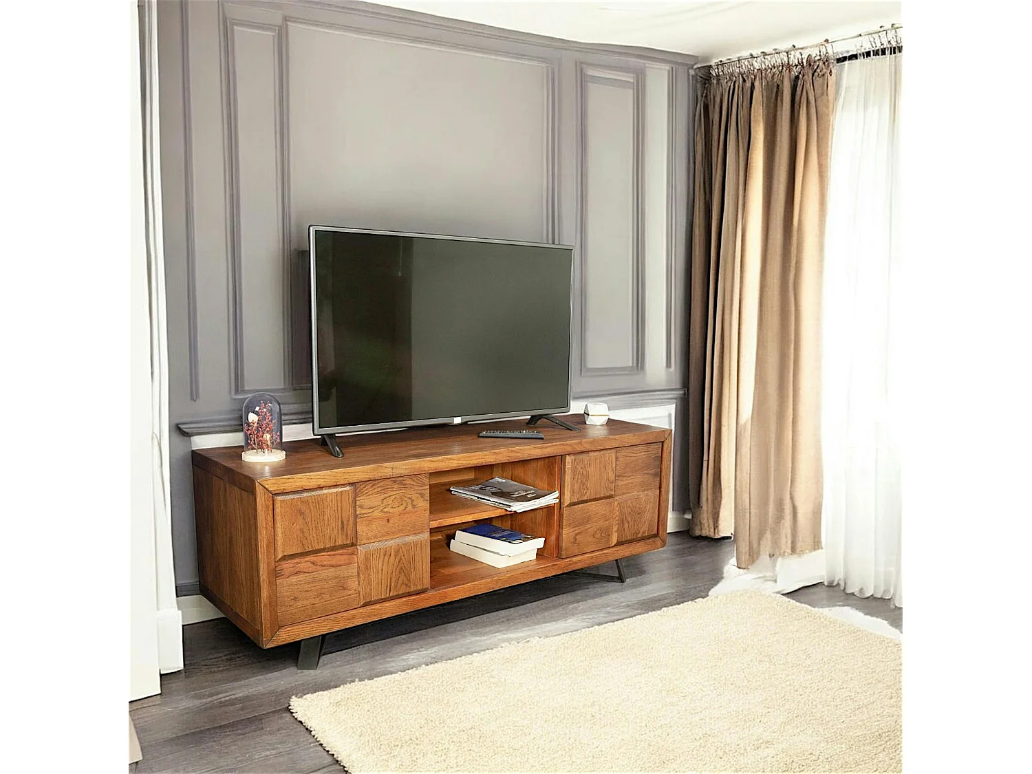 Meuble tv bois motif damier 150 cm OKA