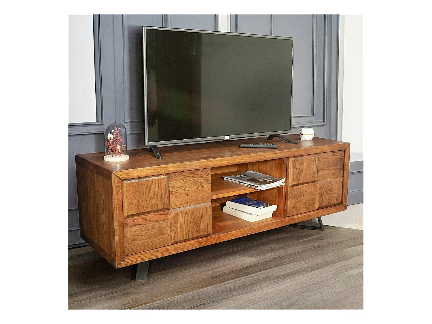 Meuble tv bois motif damier 150 cm OKA