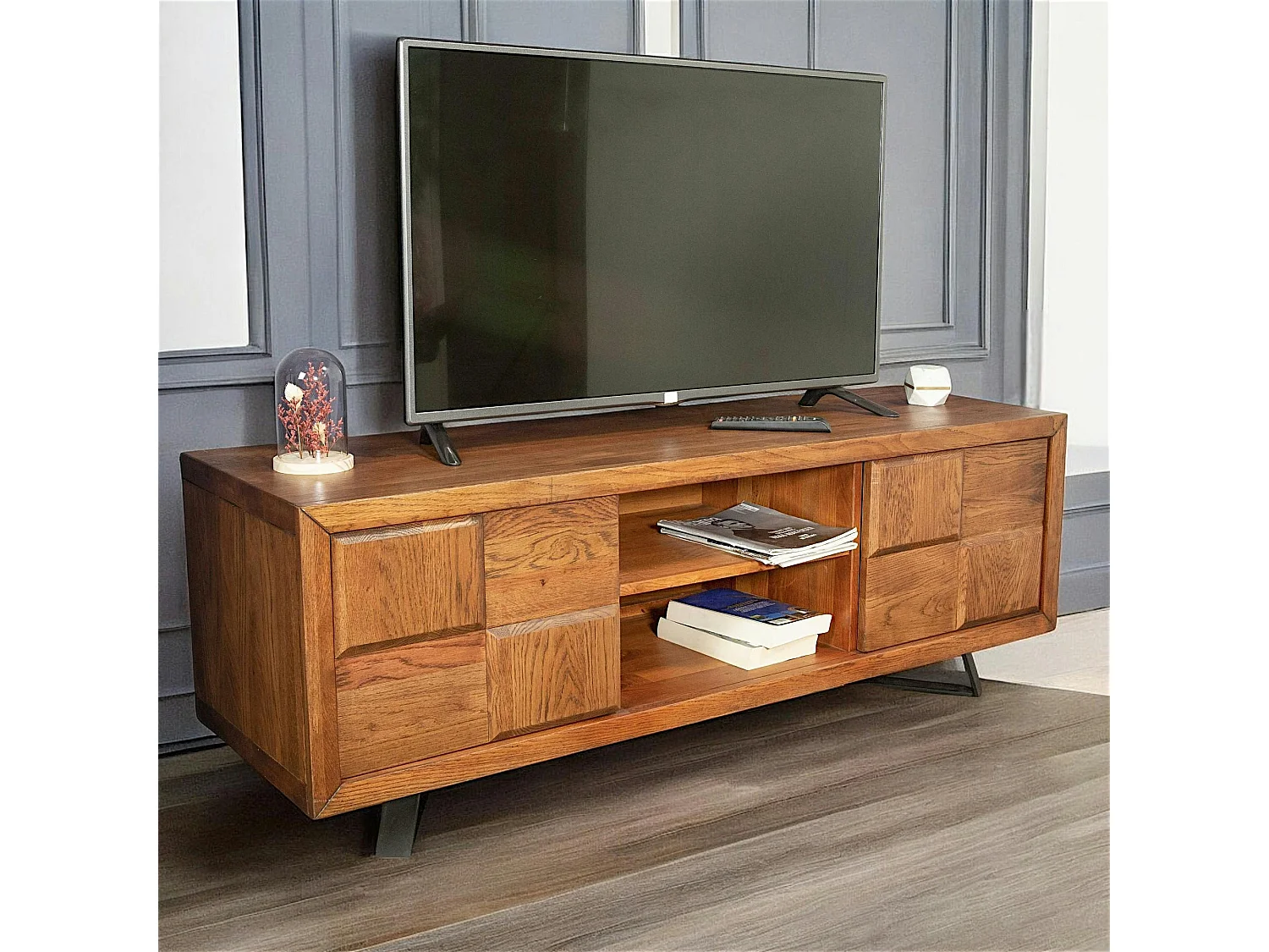 Meuble tv bois motif damier 150 cm OKA