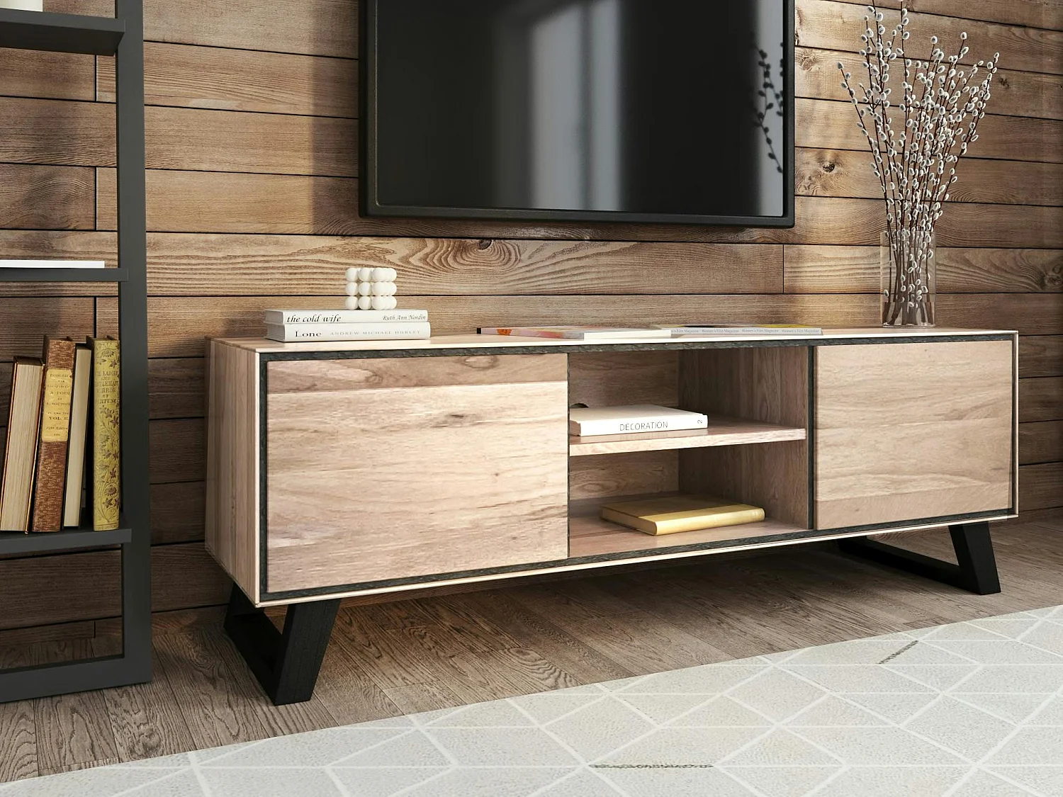 Meuble tv en bois de chêne blanc et pieds obliques PALERME