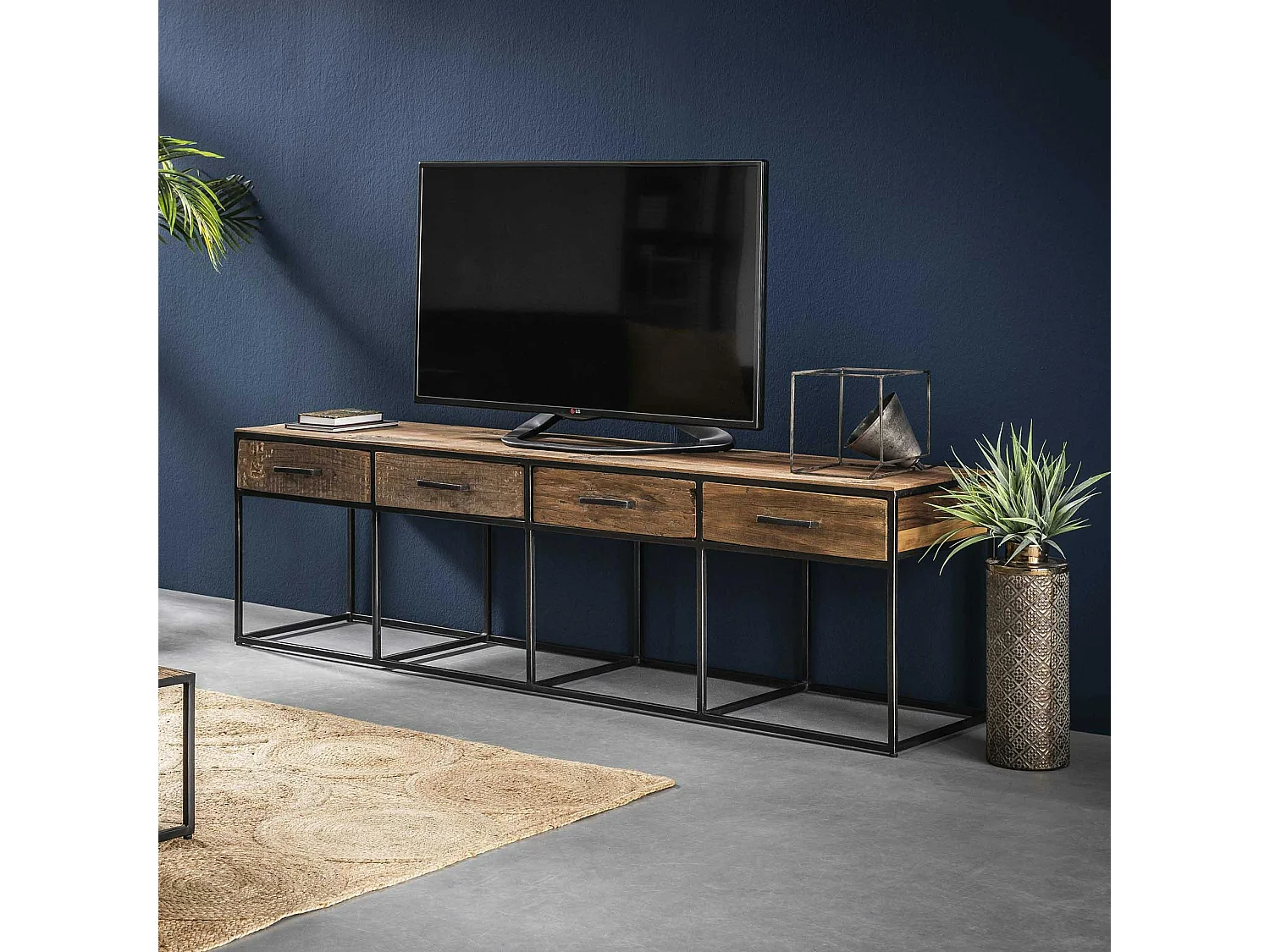 Meuble tv bois recyclé brut acier 4 tiroirs WELLINGTON