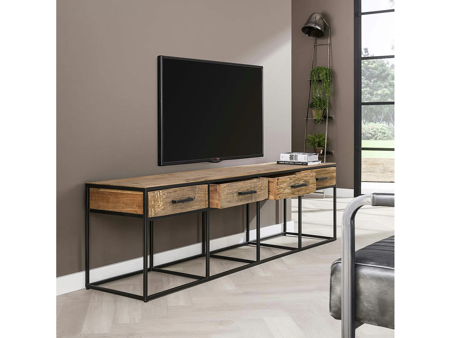 Meuble tv bois recyclé brut acier 4 tiroirs WELLINGTON