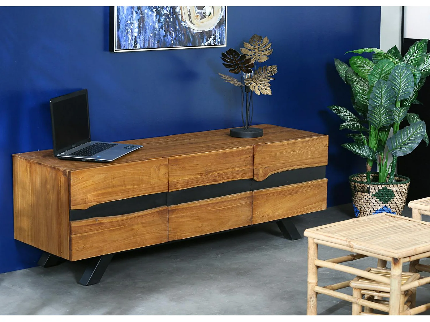 Meuble tv bois recyclé teck laque noire BARBADE