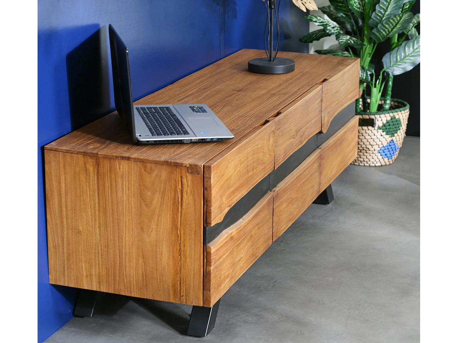 Meuble tv bois recyclé teck laque noire BARBADE