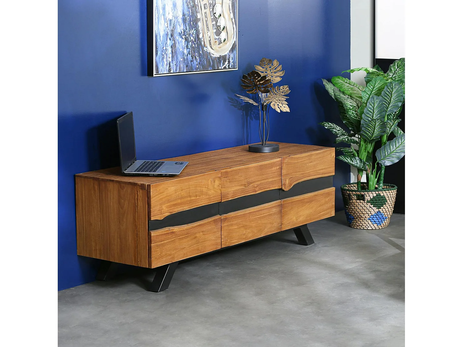 Meuble tv bois recyclé teck laque noire BARBADE