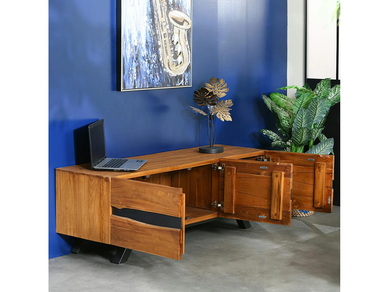 Meuble tv bois recyclé teck laque noire BARBADE