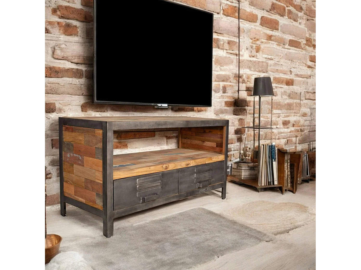 Meuble TV bois métal 2 tiroirs CARAVELLE