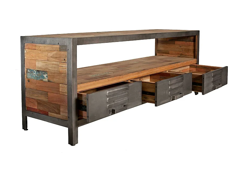 Meuble TV métal bois recyclé 3 tiroirs CARAVELLE
