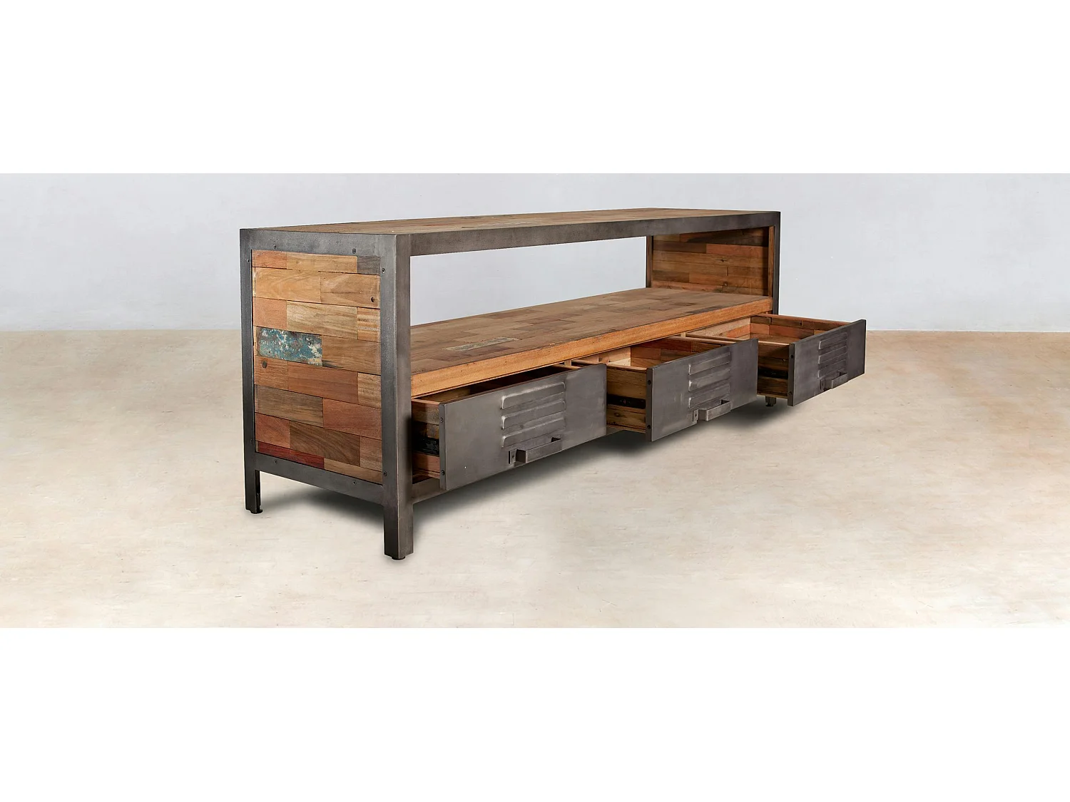 Meuble TV métal bois recyclé 3 tiroirs CARAVELLE