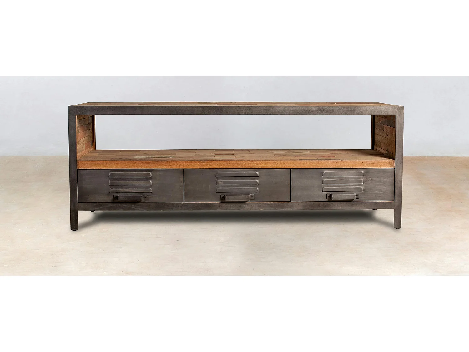 Meuble TV métal bois recyclé 3 tiroirs CARAVELLE