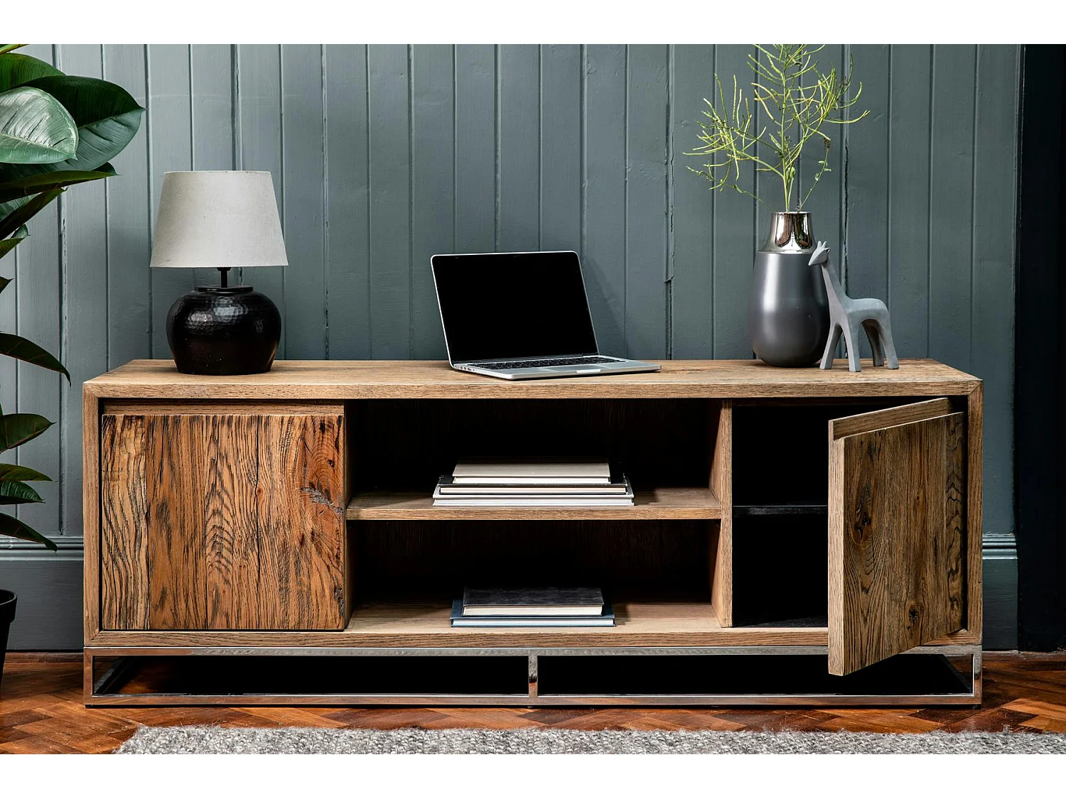 Meuble TV moderne chêne acier 150 cm RIVERSIDE