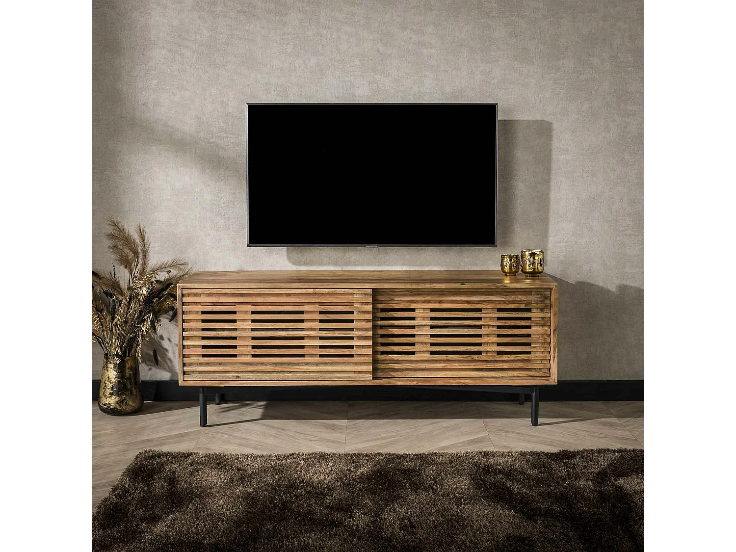 Petit meuble TV en bois à portes coulissantes motif baguette MELBOURNE