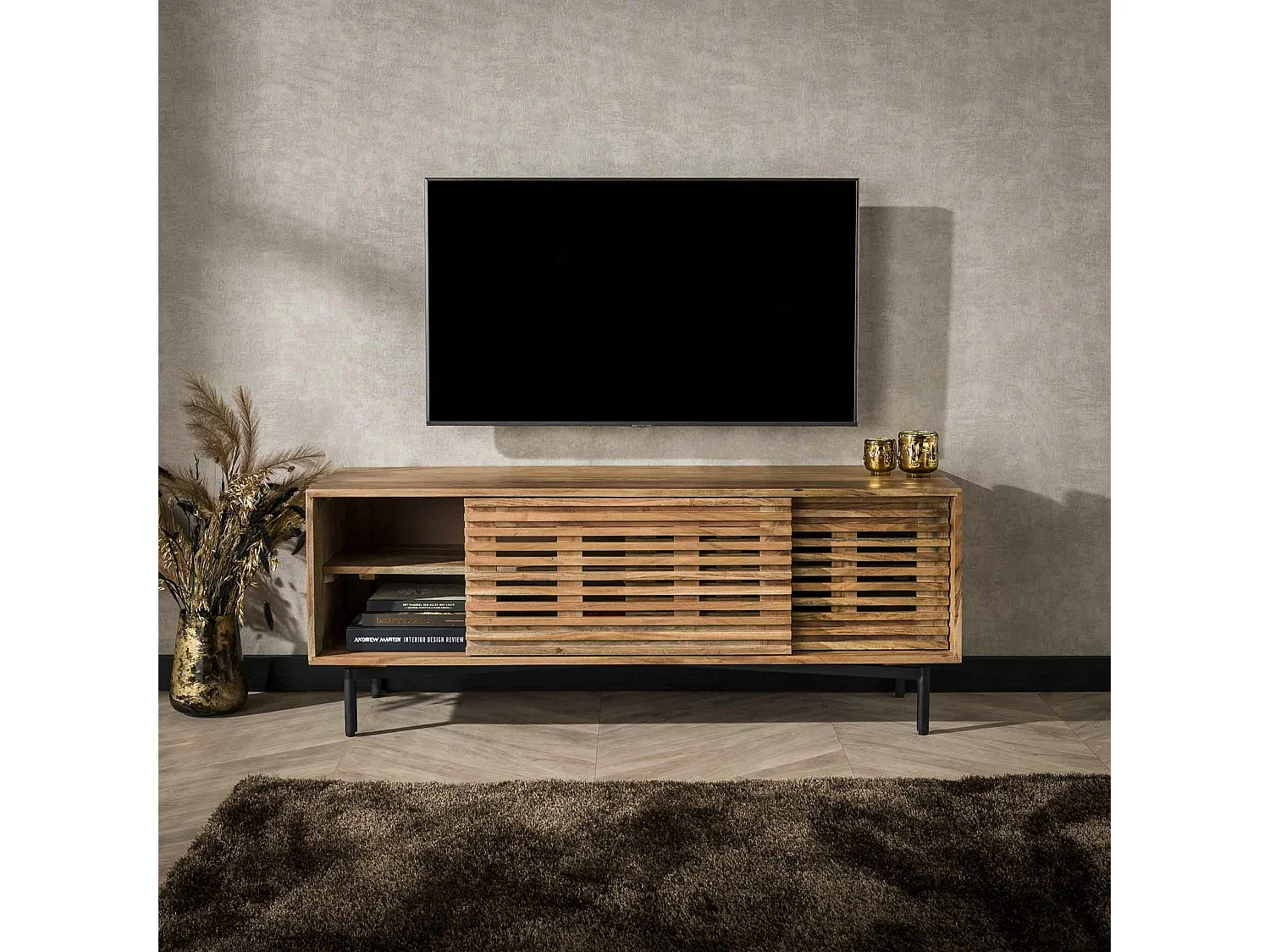 Petit meuble TV en bois à portes coulissantes motif baguette MELBOURNE