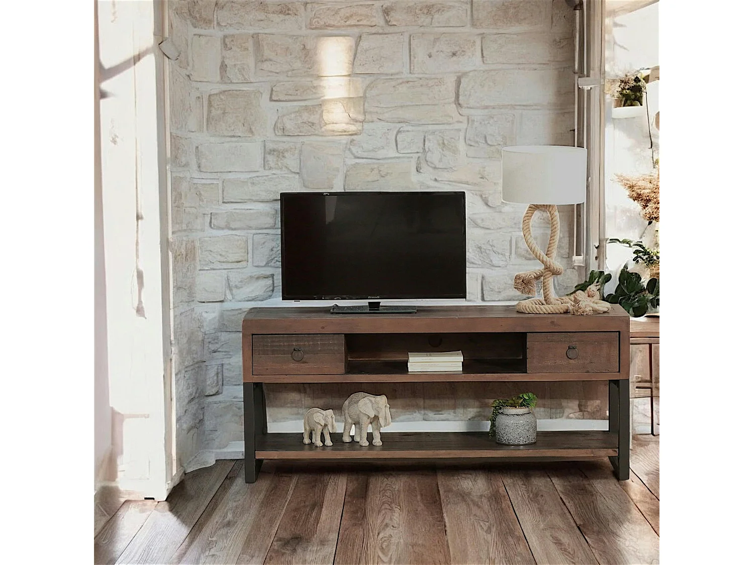 Meuble TV bois brun recyclé double plateau SAMOA