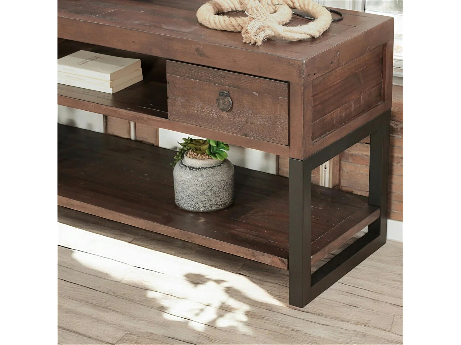 Meuble TV bois brun recyclé double plateau SAMOA