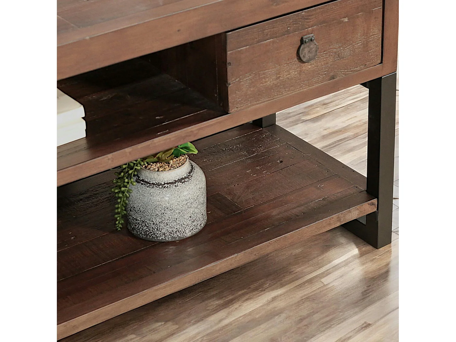 Meuble TV bois brun recyclé double plateau SAMOA