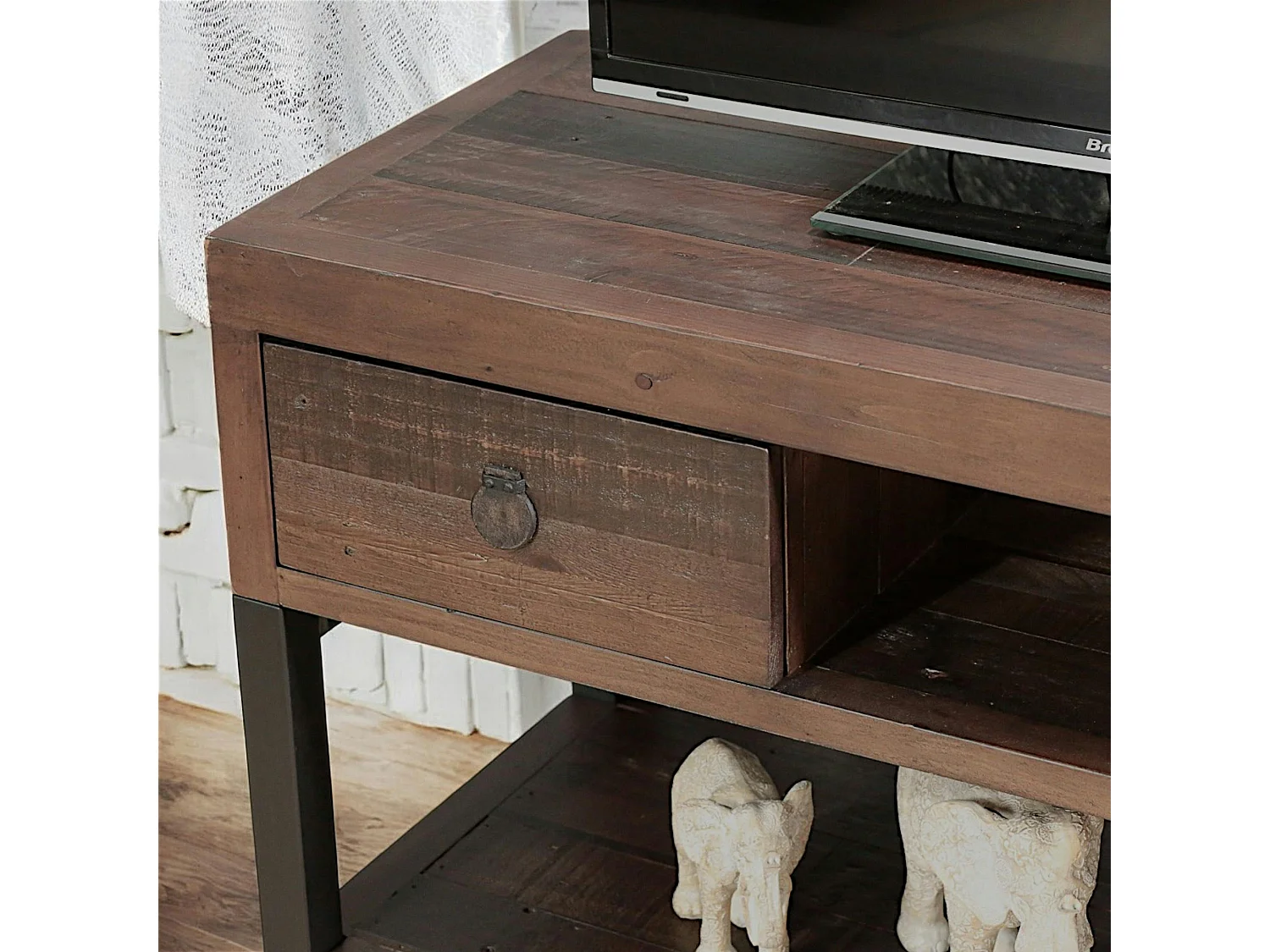 Meuble TV bois brun recyclé double plateau SAMOA