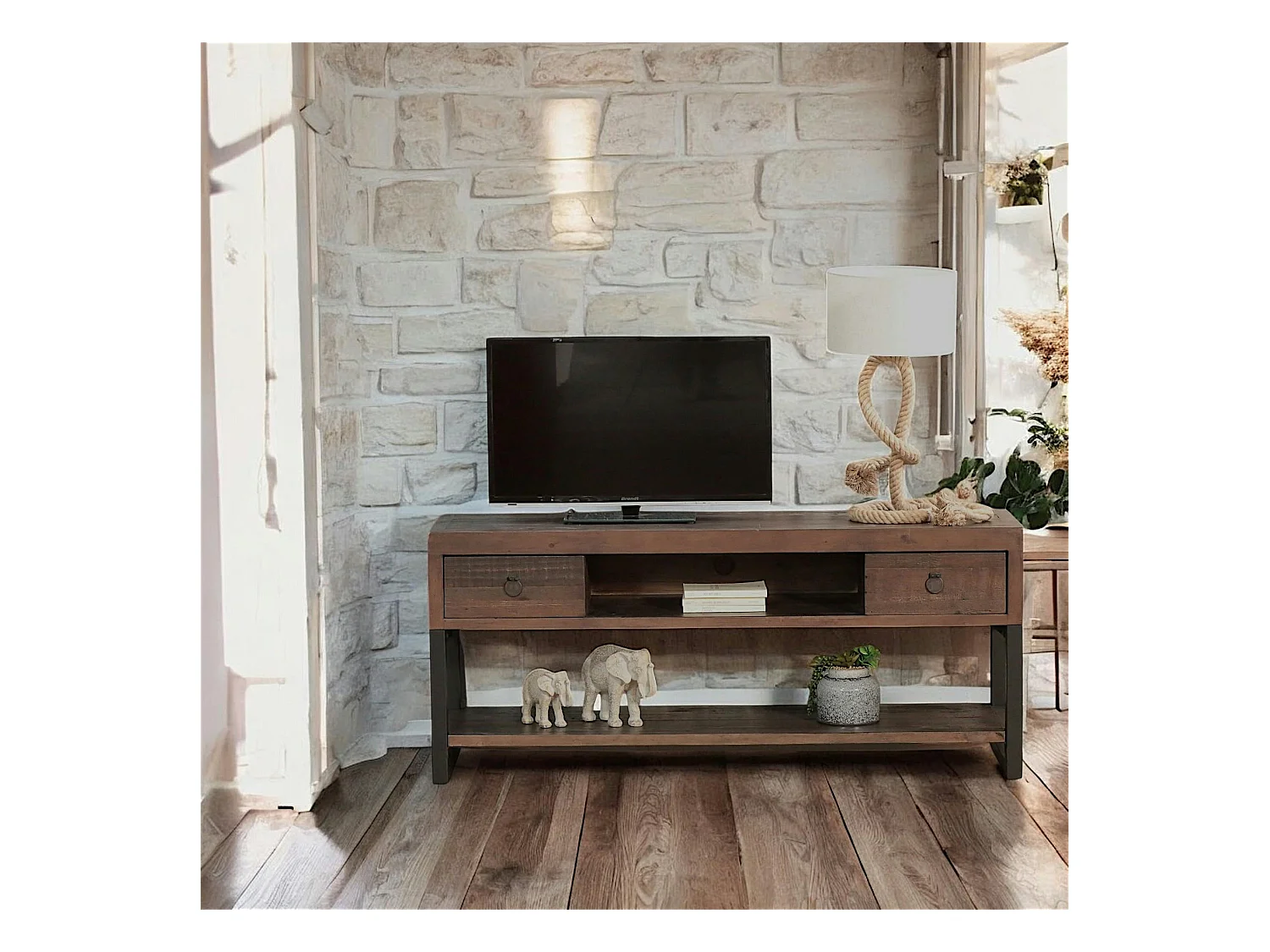 Meuble TV bois recyclé double plateau SAMOA