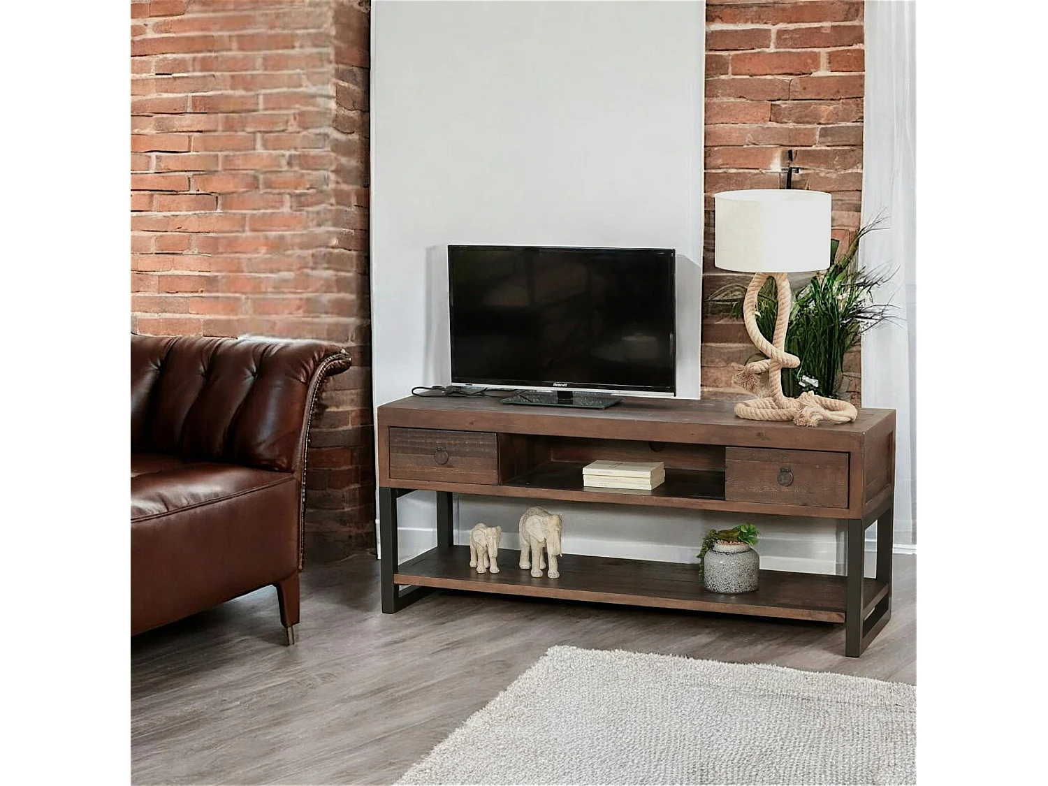 Meuble TV bois brun recyclé double plateau SAMOA