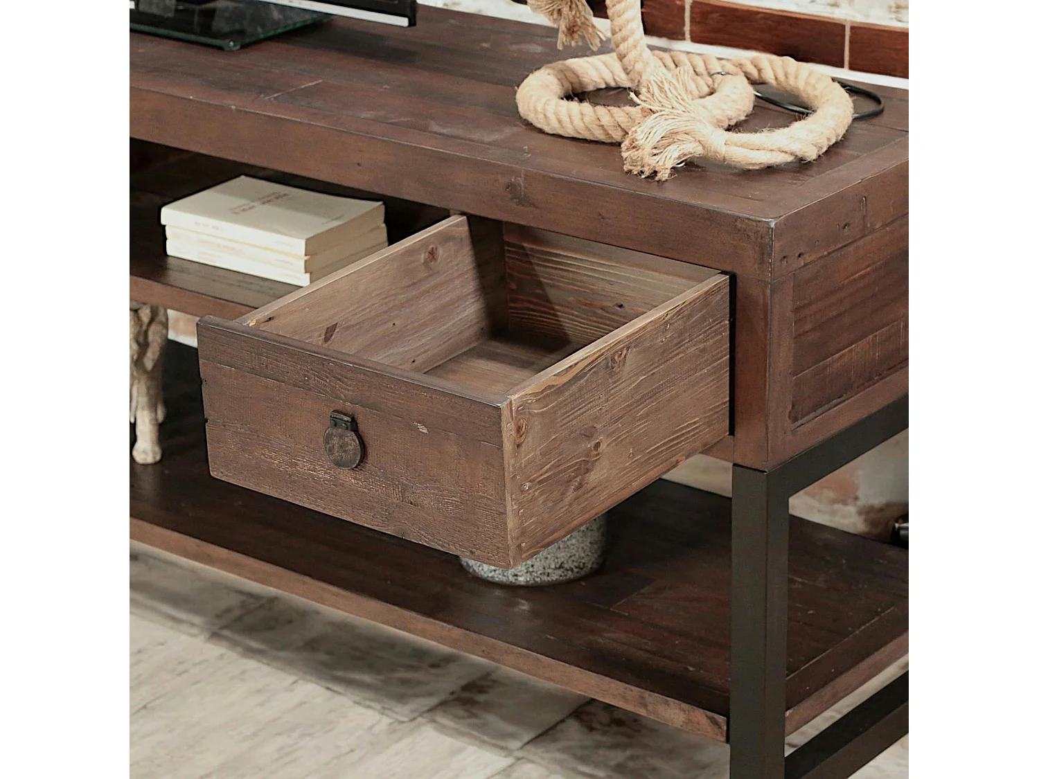 Meuble TV bois brun recyclé double plateau SAMOA