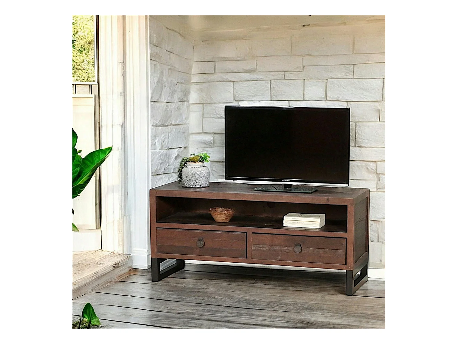 Meuble TV bois brun recyclé 2 tiroirs SAMOA