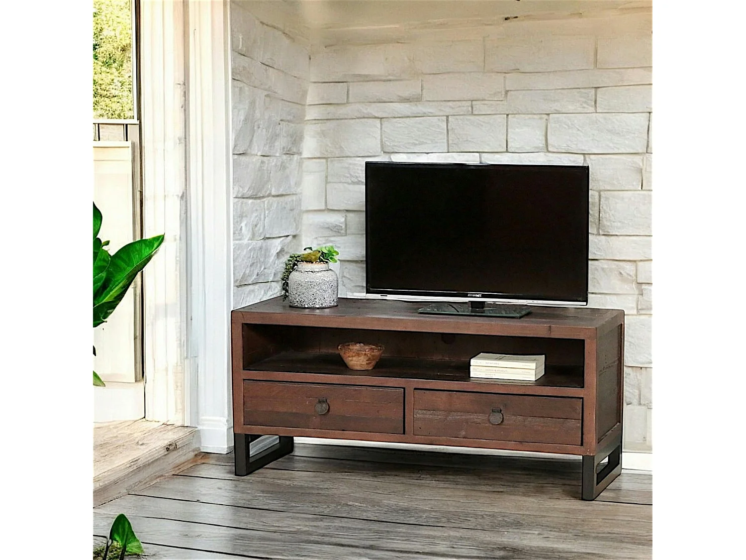 Meuble TV bois brun recyclé 2 tiroirs SAMOA