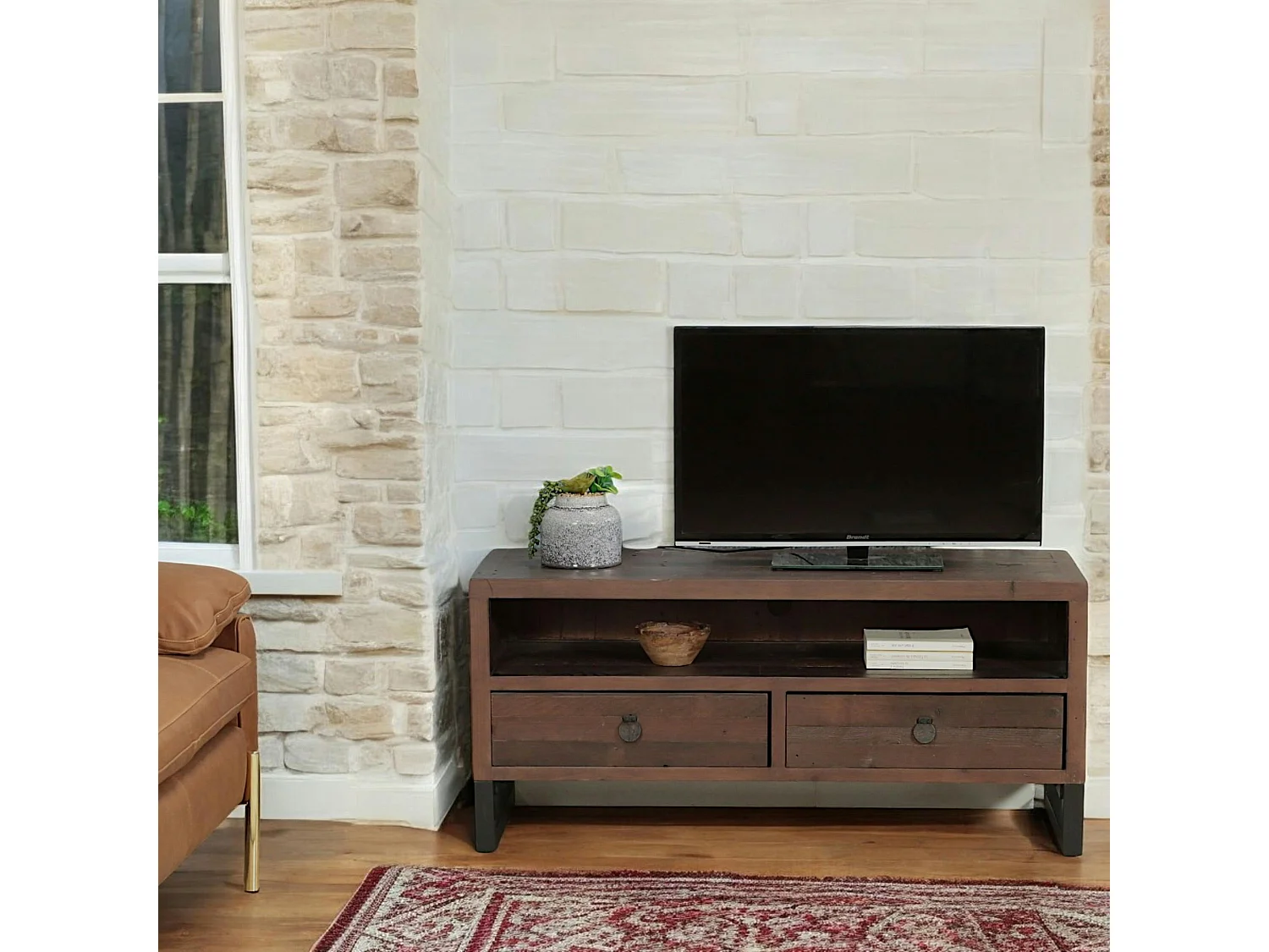 Meuble TV bois brun recyclé 2 tiroirs SAMOA