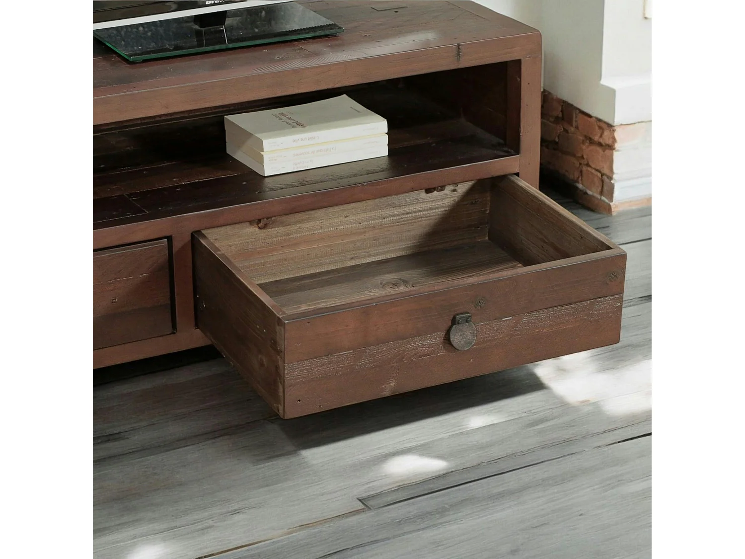 Meuble TV bois brun recyclé 2 tiroirs SAMOA