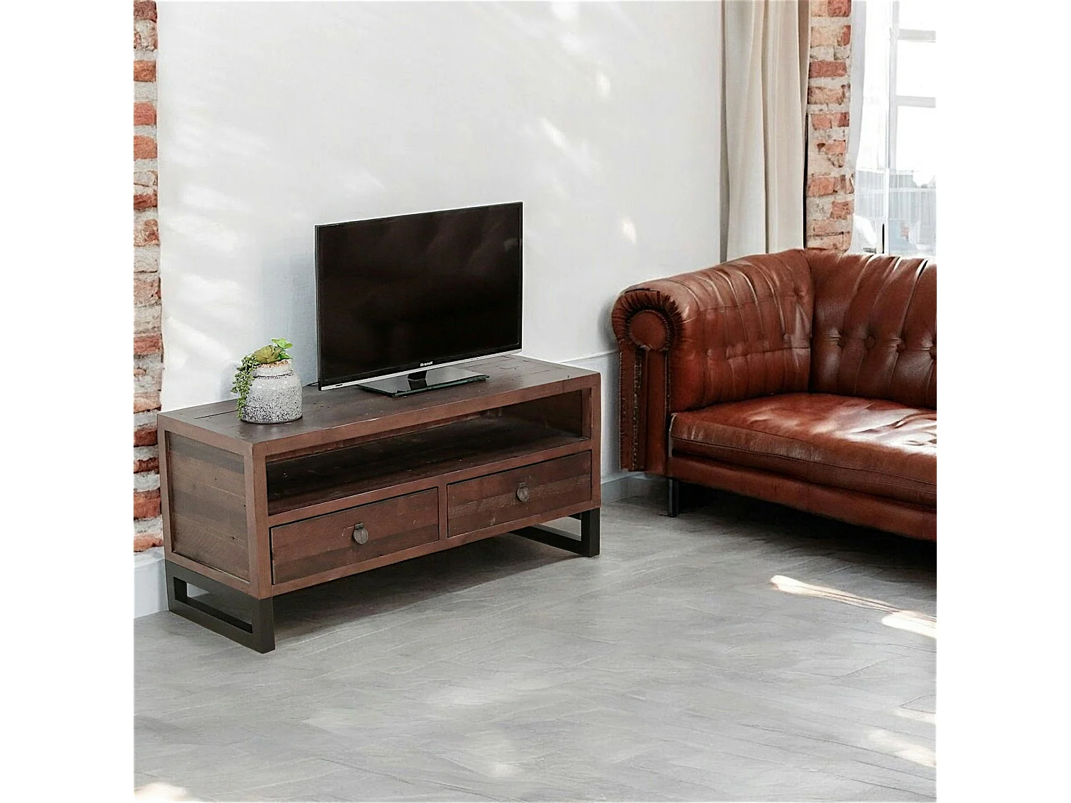 Meuble TV bois brun recyclé 2 tiroirs SAMOA