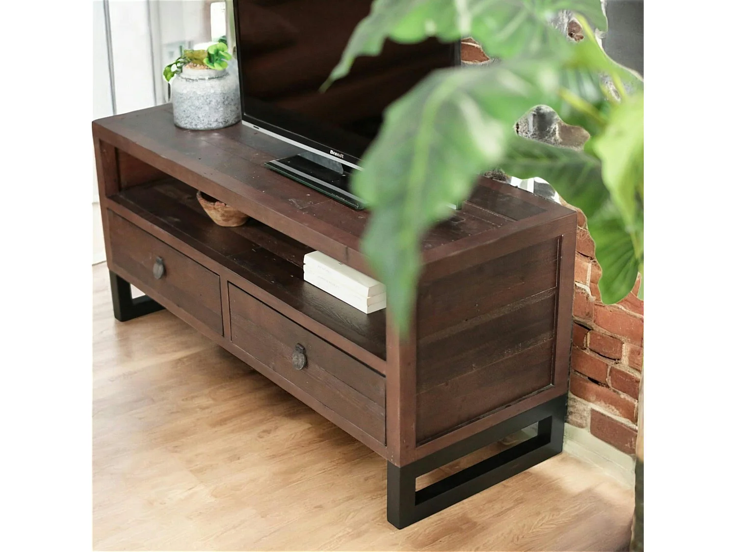 Meuble TV bois brun recyclé 2 tiroirs SAMOA