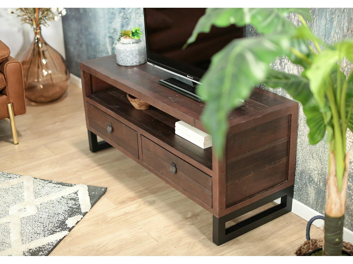 Meuble TV bois brun recyclé 2 tiroirs SAMOA