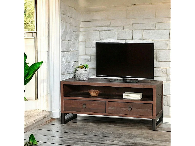 Meuble TV bois brun recyclé 2 tiroirs SAMOA